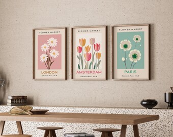 Flower Market Prints Gallery Wall SET of 3 London Flower Market Art Paris Wall Art Amsterdam Flower Market Poster Printable DIGITAL DOWNLOAD