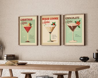 Holiday Bar Cart Art SET of 3 Printable DIGITAL DOWNLOAD Retro Cocktail Wall Art Designs Chocolate Martini Art Retro Christmas Cocktails