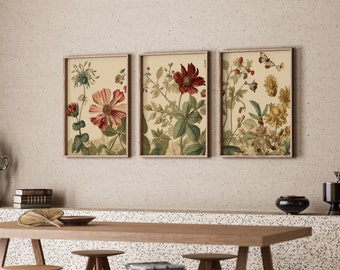 Botanical Design Triptych Printable 3 Panel Wall Art Set Colorful Floral DIGITAL Prints Gallery Wall Set of 3 INSTANT DOWNLOADS