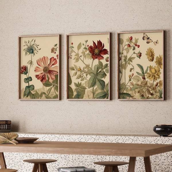 Triptych Wall Art Prints Vintage Botanical Prints 3 Panel Wall Art Set Colorful Floral Prints Gallery Wall Set PRINTABLE DIGITAL DOWNLOADS