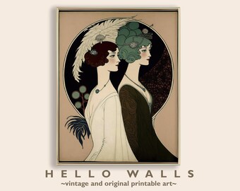Estampado de damas Art Nouveau / Moda de los años 20, plumas elegantes (Descarga digital)