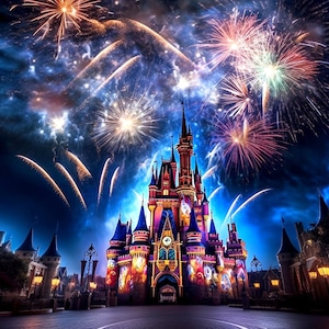 Op de afbeelding: Een uitzicht op het kasteel van Assepoester in Walt Disney World met vuurwerk dat in de nachtelijke hemel explodeert. Het kasteel is verlicht met kleurrijke lichten en het vuurwerk is een levendige mix van rood, wit en blauw.