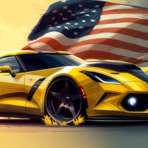 Yellow sports car with a USA flag, sport car American, digital Corvette car, ai generated car, vibrant sports car with flag