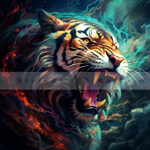Fierce & intimidating tiger rendition, roaring tiger, out of this world tiger, digital print