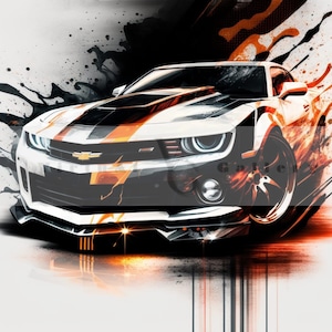 Chevy Camaro sports car black and orange, Chevrolet digital wall art, muscle car art, Camaro abstract background