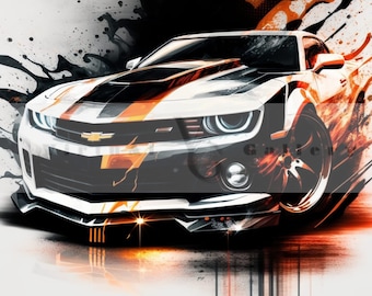Chevy Camaro-sportwagen zwart en oranje, Chevrolet digitale muurkunst, muscle car-kunst, abstracte achtergrond Camaro
