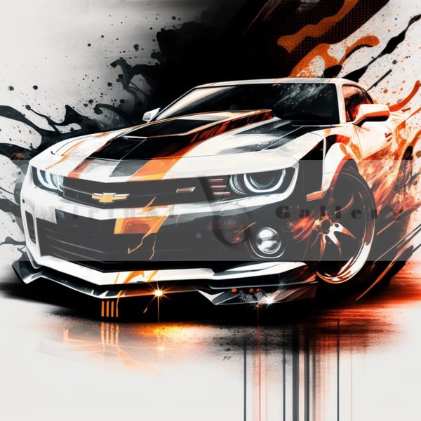 Chevy Camaro sports car black and orange, Chevrolet digital wall art, muscle car art, Camaro abstract background