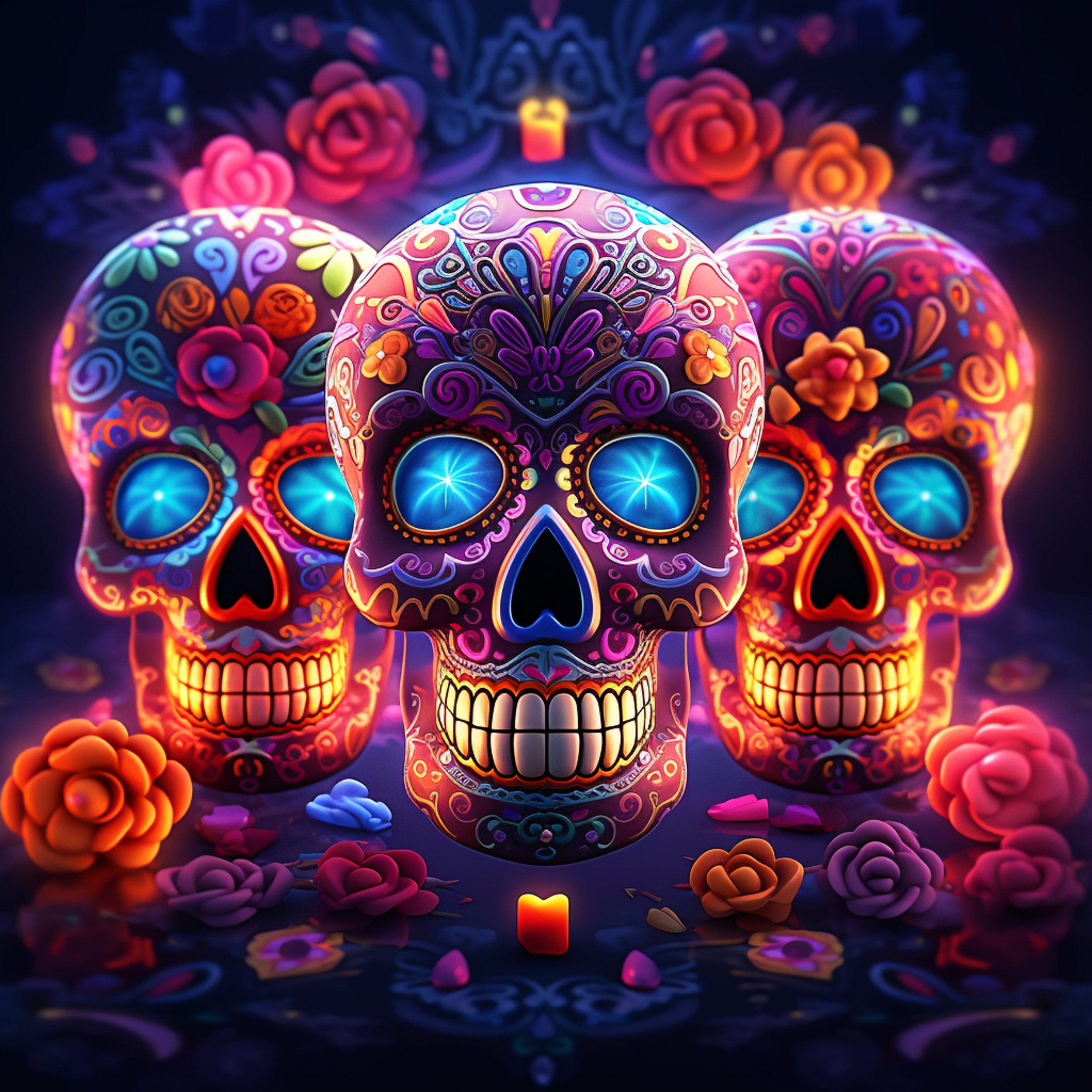 Sugar Skulls 6, 3d Neon Skulls, Digital Print, Dia De Los