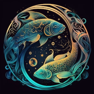 May include: Two stylized fish with blue and green scales swim in opposite directions within a circular frame. The frame is decorated with gold and blue swirls and stars. The background is black.