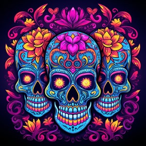 Sugar skulls 9, neon skulls, dia de los muertos, digital print