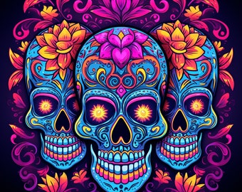 Sugar skulls 9, neon skulls, dia de los muertos, digital print