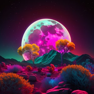 Paisaje lunar de neón, decoración de pared digital, impresión digital