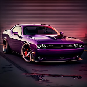 Sports car-challenger 5, purple muscle car wall art, digital wall art, ai design vehicle