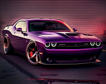 Sportwagen-challenger 5, paarse muscle car-muurkunst, digitale muurkunst, ai-designvoertuig