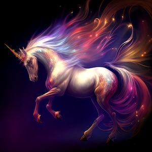 Puede incluir: Un unicornio blanco con un cuerno dorado y una melena y cola fluidas de colores iridiscentes, incluyendo rosa, morado y naranja. El unicornio está de pie sobre sus patas traseras con la cabeza girada hacia un lado.