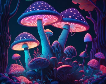 Mushrooms-neon, mushroom wall art, psychedelic style mushrooms, digital print