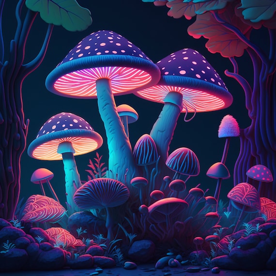 Mushrooms neon mushroom wall art psychedelic style mushrooms digital print