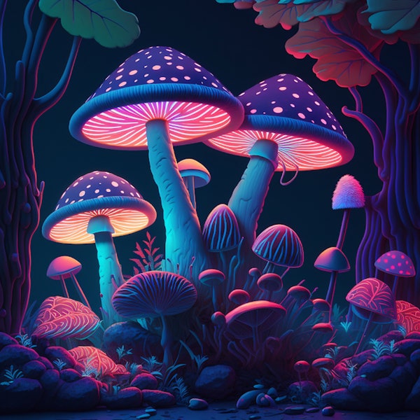 Champignons-néon, art mural aux champignons, champignons de style psychédélique, impression numérique