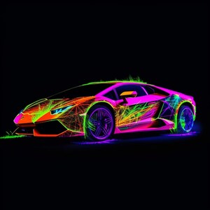 Coche deportivo de neón, neón lambo, coche deportivo con fondo negro, vehículo deportivo con arte mural