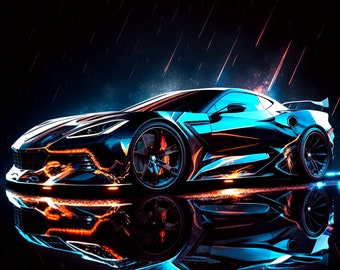 Sportwagen met een neontint & achtergrond, Chevy Corvette, digitale muurkunst, levendige sportwagen, ai gegenereerd autobeeld, pijlstaartrog Chevrolet