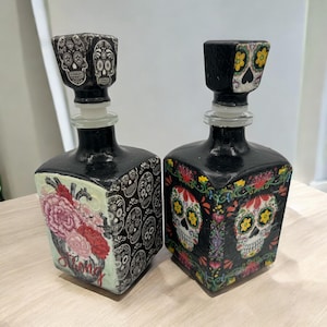 Decoupaged Cava de Oro Tequila Bottle: Mexican-Themed Refillable Bar Decor