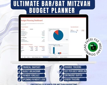 Bar/Bat Mitzvah Budget Spreadsheet | Mitzvah Cost Planner | Vendor Tracker and Payment Calculator | Excel Template