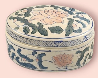 Porcelain Trinkets Box Oval Shaped with Lid Beautiful Floral Pattern