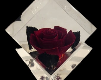 VTG Reversed Carved Clear Lucite Cube Red Rose Inside Papper Weight Collectible