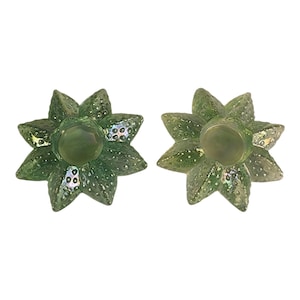 Iridescent Green Carnival Glass Tealight Stra Fish Candle Holder Set of 2