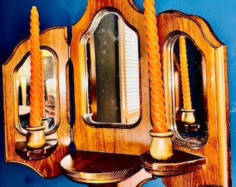 Tri Fold Mirror Vintage Mid Century Wood Trifold Witchy Victorian Spooky Candle Holder Knickknack Shelf Dark Academia Wall Hanging Mirrors