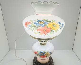 Vintage Hand Painted Floral Milk Glass Hurricane Table Lamp, Colonial Lamp. Gone with the Wind Lamp. Dual Lights!