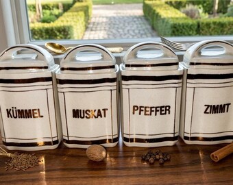 Vintage Czechoslovakian Spice Jars, Art Deco Caraway Nutmeg Pepper Cinnamon Set