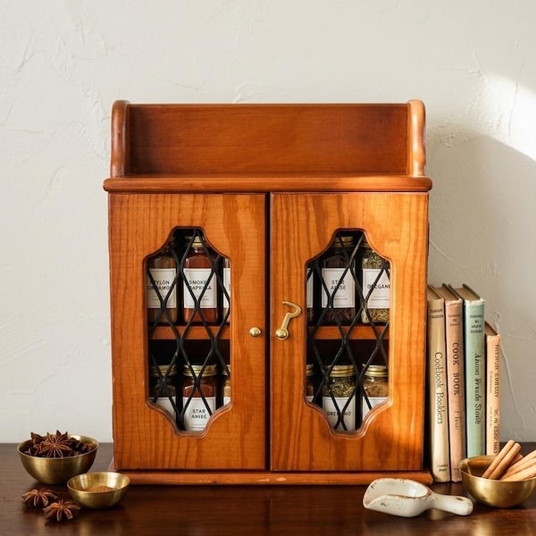 Vintage Wood Spice Cabinet with Metal Accents, Kitchen Storage Holder