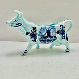 Vintage Ceramic DBL Delft Porcelain Glazed White and Blue Cow Jug Creamer Holland.