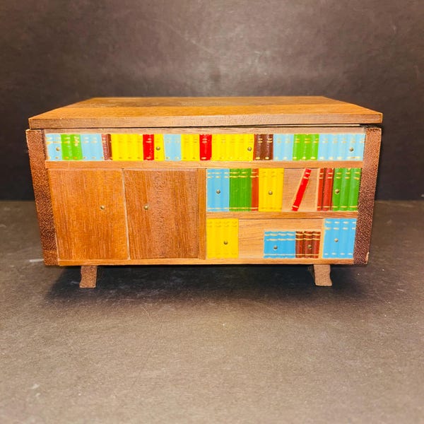 Vintage wooden Tilso Made in Japan music box, faux books, MCM bookshelf. Mid Century Modern wooden decor trinket. Miniature Bookshelf MCM