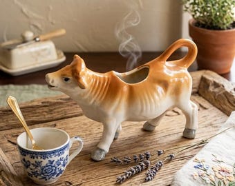 20世紀半ばに日本で作られた、ヴィンテージの農家風釉薬陶器製牛柄クリーマーピッチャー
