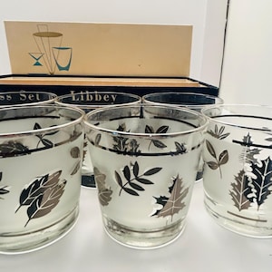 MCM Libbey Silver Leaf Frosted Highball Glasses - Vintage Barware Set