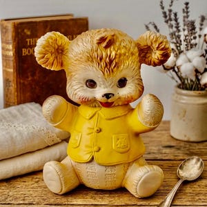 Peut inclure: Une figurine d'ours en caoutchouc moulé de style vintage avec un pelage texturé beige, de grands yeux sombres et une veste jaune vif dotée de deux boutons et de poches. L'ours est représenté en position assise, les bras levés, avec un bas du corps clair orné de motifs en relief et une petite bouche rouge.