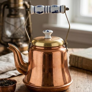 Vintage Dutch Copper Teapot: Delft Handle, Gooseneck Kettle