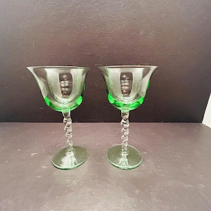 Vintage Green Art Glass Wine Goblets with Twist Stems, Set of 2