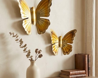 Papillons dorés MCM en métal léger vintage, tentures murales Cottagecore, lot de 2.