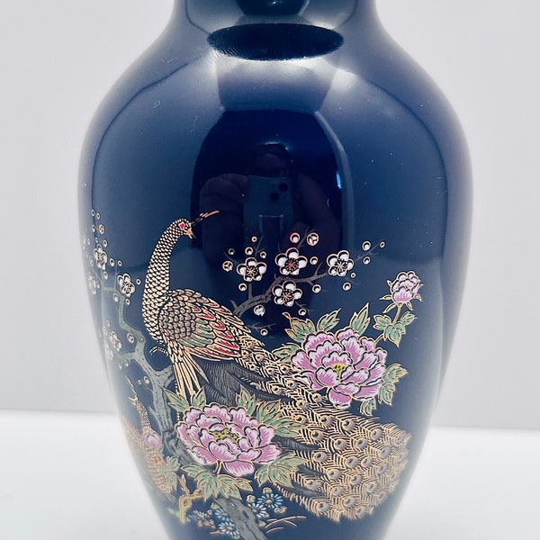 Vintage Fine Porcelain Vase from Japan In gorgeous Cobalt Blue with Peacock and flowers Gold accent