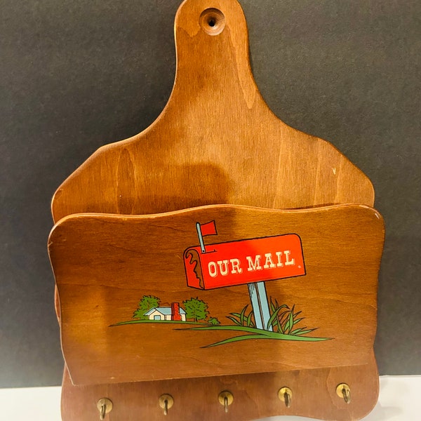 Vintage Wood Mail and Key Holder, With Red Mailbox, And Small Farmhouse