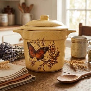 May include: A yellow ceramic casserole dish with a lid, featuring a butterfly and floral design. The dish has handles and a knob on the lid. A wooden spoon, folded napkins, and a mug are on the wooden table.