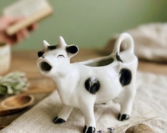 Vintage Ceramic Cow Creamer, Black and White Holstein Cow Cream Pitcher, Farmhouse Kitchen Decor, Whimsical Country Coffee Bar Creamer