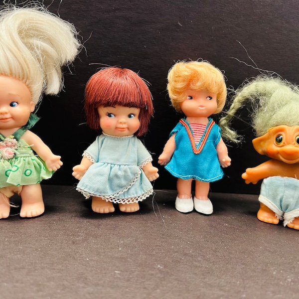 Vintage 1960's Uneeda Peewee Dolls, Troll Doll with green hair double horseshoe, and other Hong Kong doll