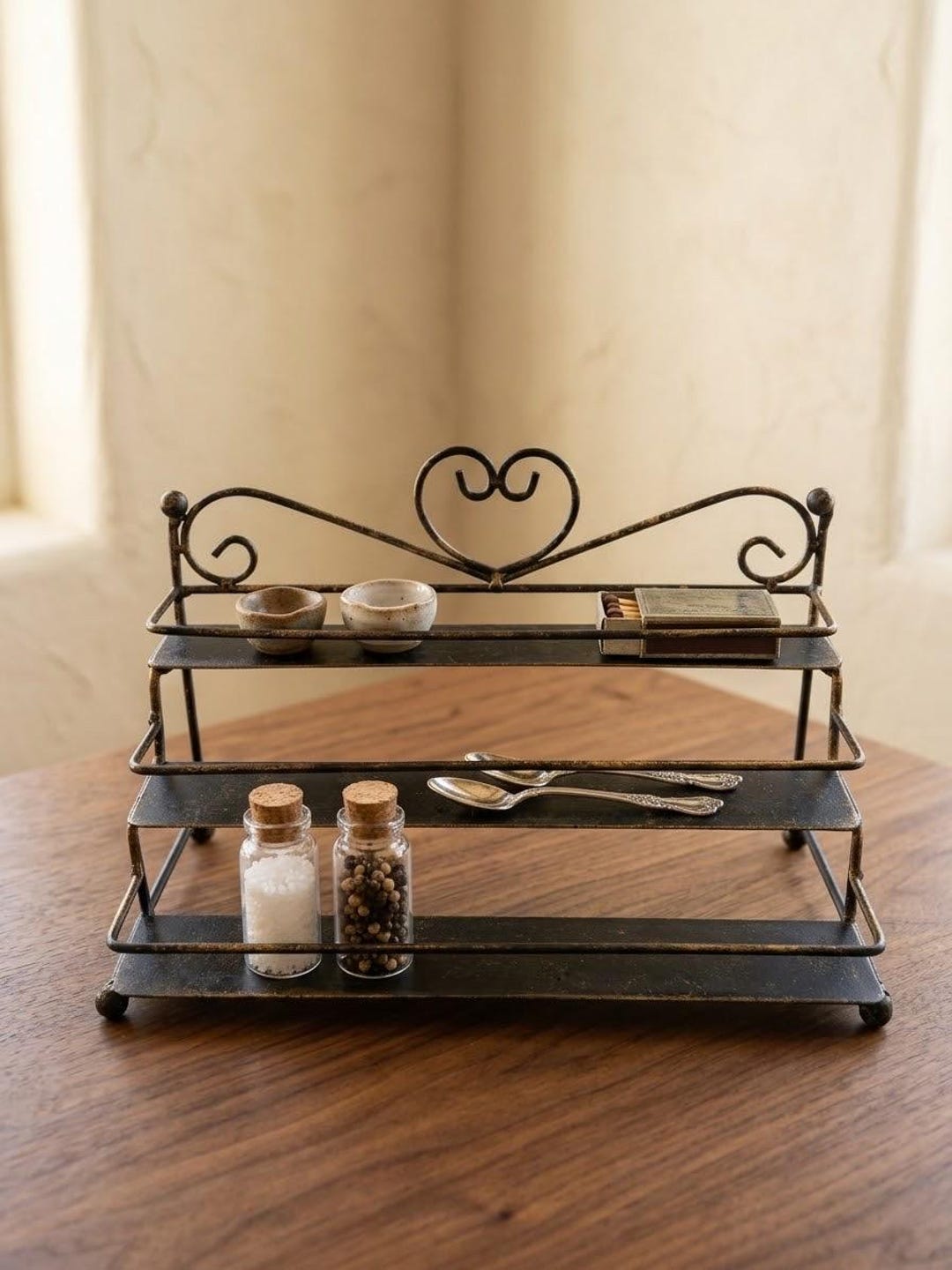 Iron Rack 3 Tier Vintage Wrought Iron 3 Tier Spice Rack | Black Gold Bronzed Metal Shelf ...