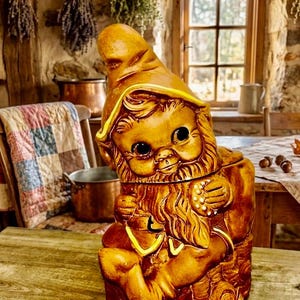 May include: A brown ceramic gnome cookie jar featuring a pointed hat, a textured beard, and large dark eyes. The gnome is depicted in a seated position on a log-like base, holding a small round object in one hand, with a glossy finish throughout.