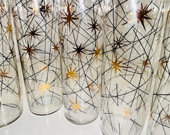 MCM Libbey Galaxy Collins Glasses Set of 8 Atomic Gold Star Mid-Century Vintage. Starburst Mid Century Modern Tall Tumblers