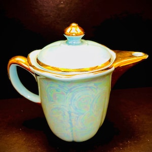 Vintage Iridescent Blue Lustre Finish Teapot with Gold colored Handle and Trim